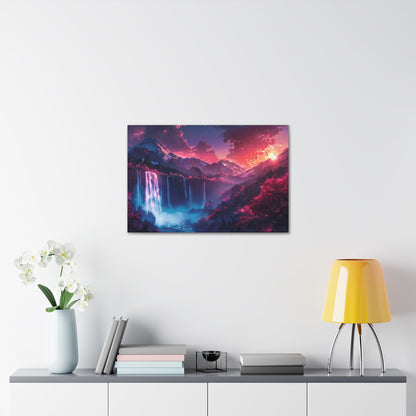 Dreamy Landscape Sunset with Waterfall and Mountains - Digital Illustration Canvas Gallery Wraps