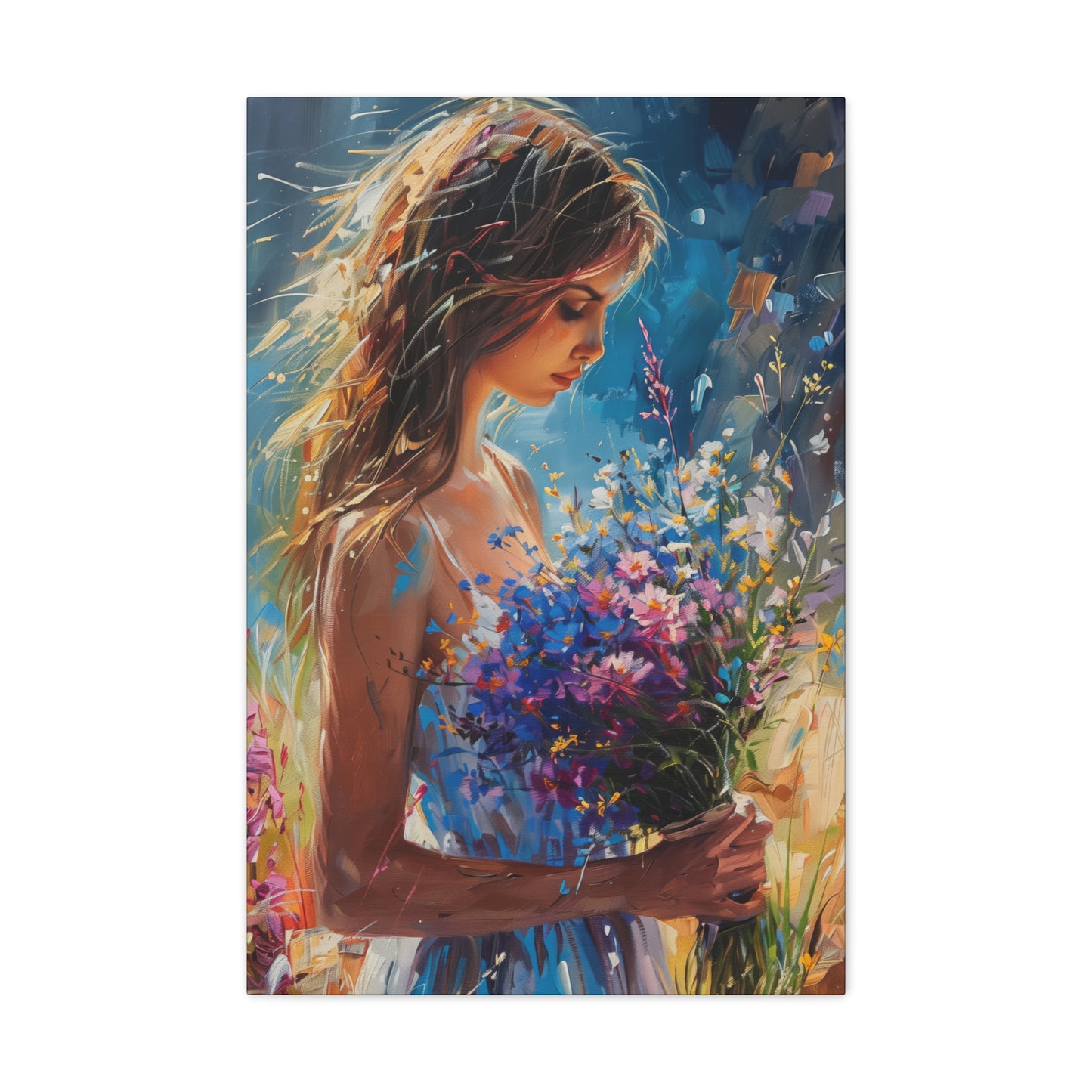 girl holding a flower bouquet - Leonid Afremov Style Digital Print Canvas Gallery Wraps