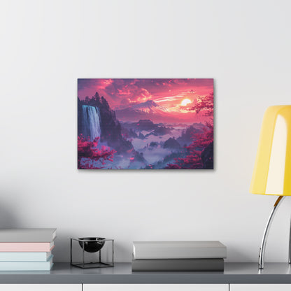 Dreamy Landscape Sunset with Waterfall and Mountains - Digital Illustration Canvas Gallery Wraps