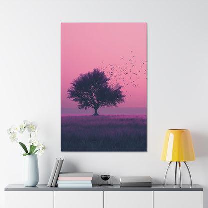 Tree in a Purple Sunset Digital Illustration Canvas Gallery Wraps