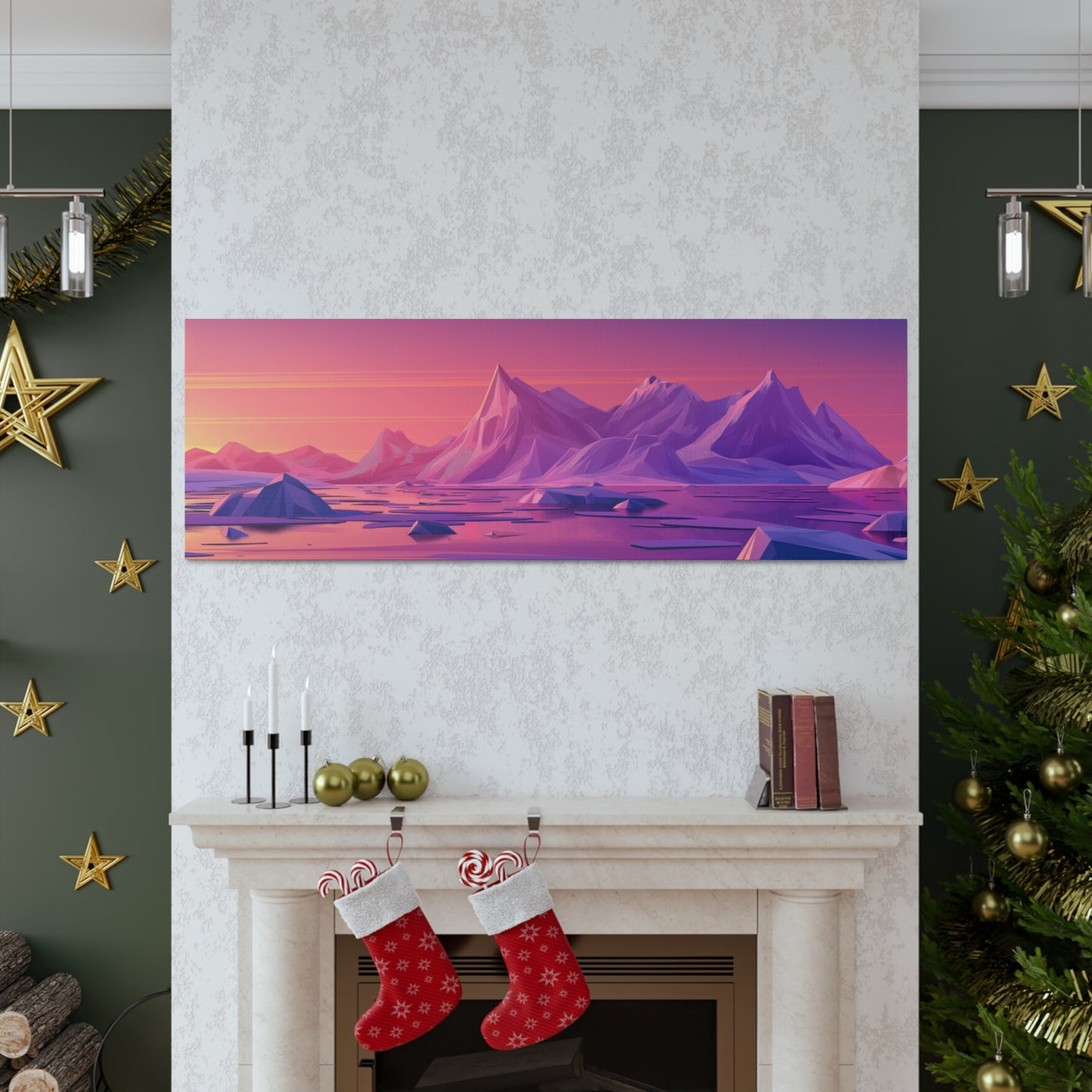 Snowy Mountain Evening in Antarctica - Digital Landscape Illustration Panorama Canvas Gallery Wraps