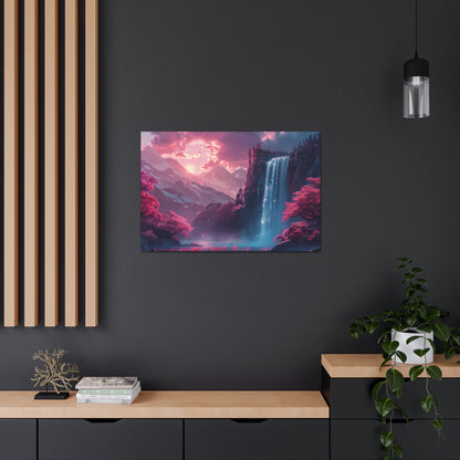 Dreamy Landscape Sunset with Waterfall and Mountains - Digital Illustration Canvas Gallery Wraps