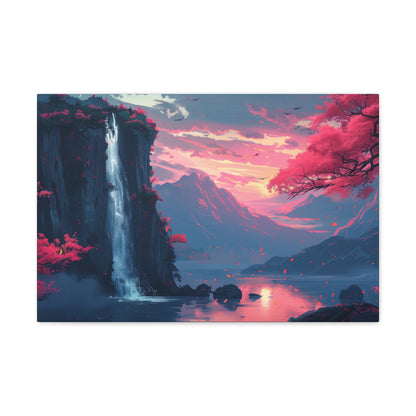 Dreamy Landscape with Waterfall and Mountains - Purple Evening Digital Illustration Canvas Gallery Wraps