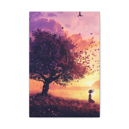 Tree in a Purple Sunset Digital Illustration Canvas Gallery Wraps