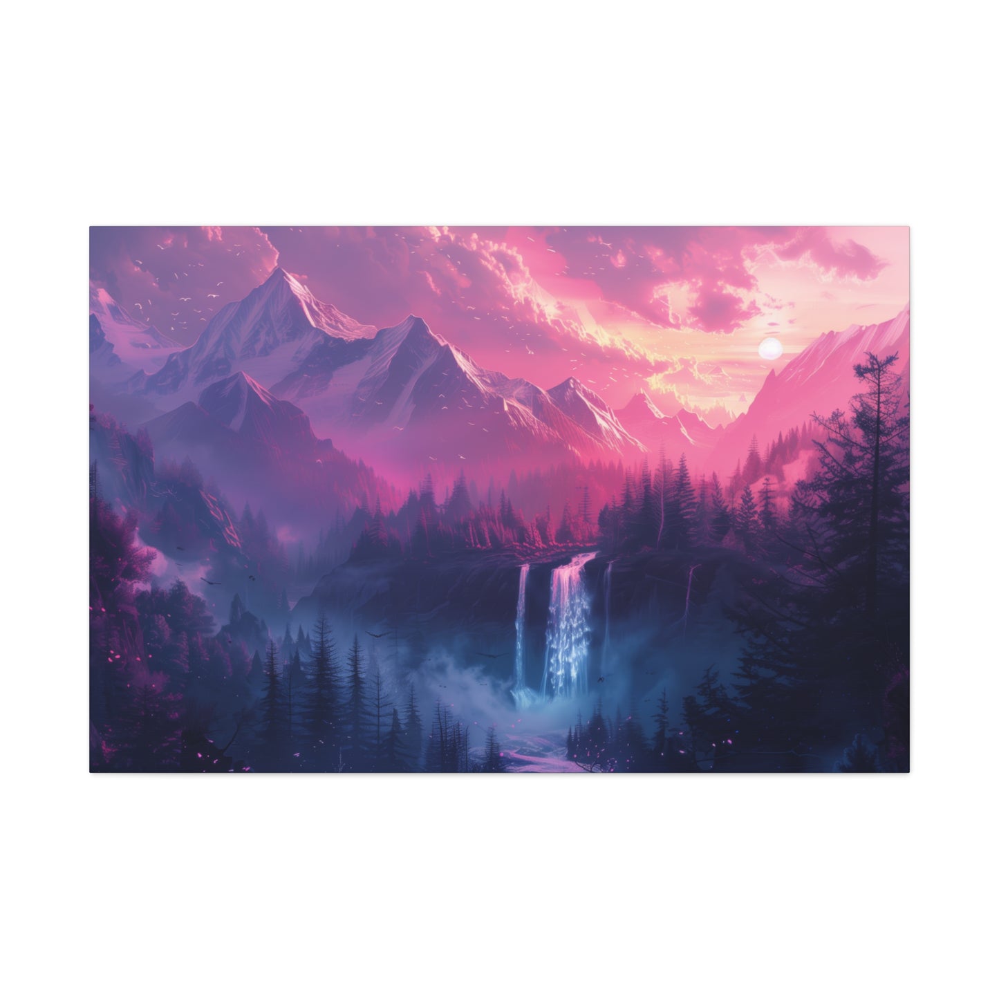 Dreamy Landscape Sunset with Waterfall and Mountains - Digital Illustration Canvas Gallery Wraps