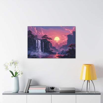 Dreamy Landscape with Waterfall and Mountains - Purple Evening Digital Illustration Canvas Gallery Wraps