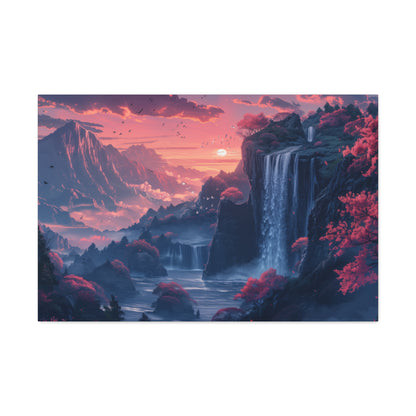 Dreamy Landscape Sunset with Waterfall and Mountains - Digital Illustration Canvas Gallery Wraps