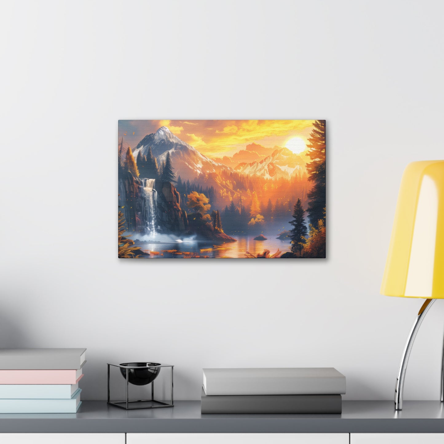 Dreamy Landscape Sunset with Waterfall and Mountains - Digital Illustration Canvas Gallery Wraps