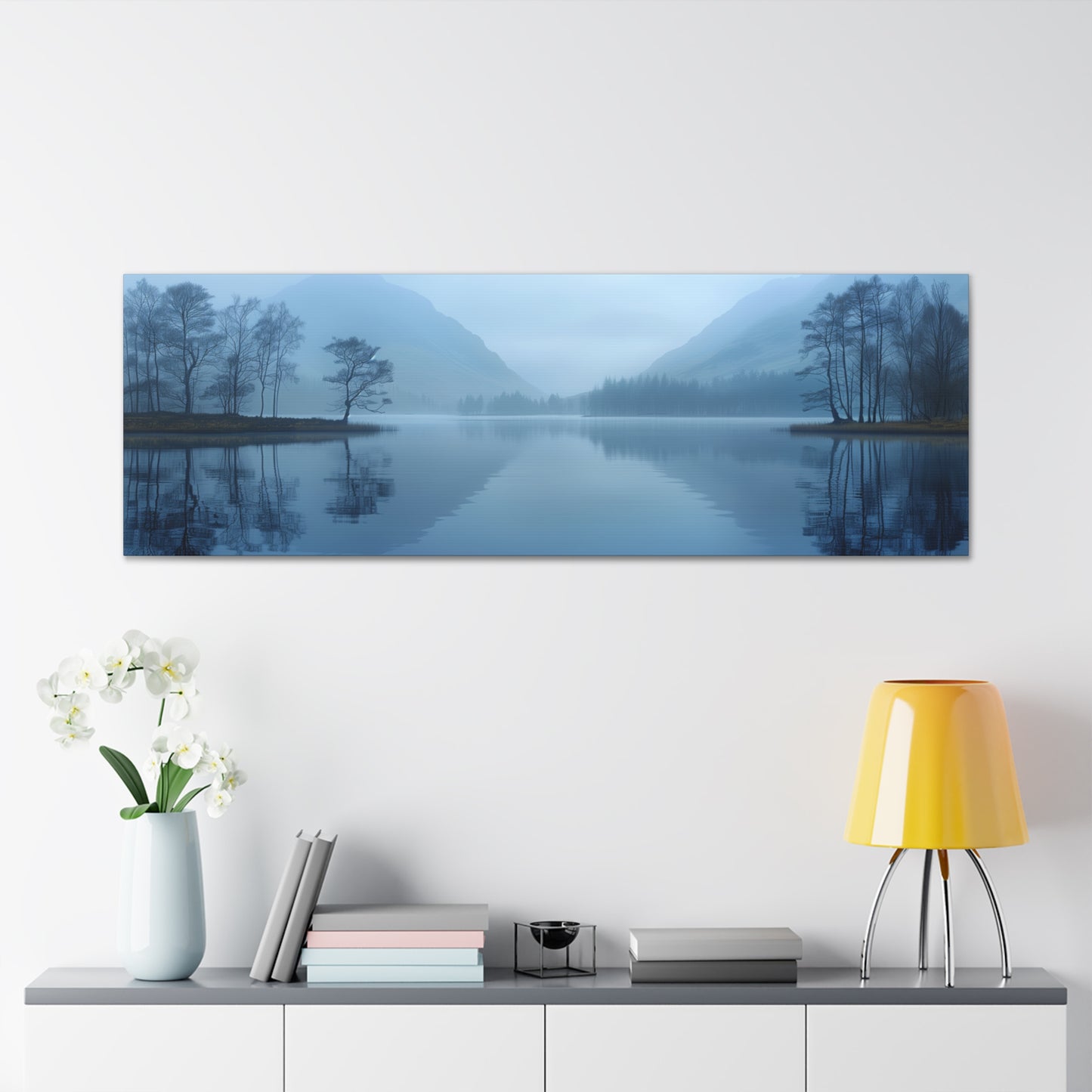 Lake Landscape with Mountains - Morning Mist Panorama Canvas Gallery Wraps