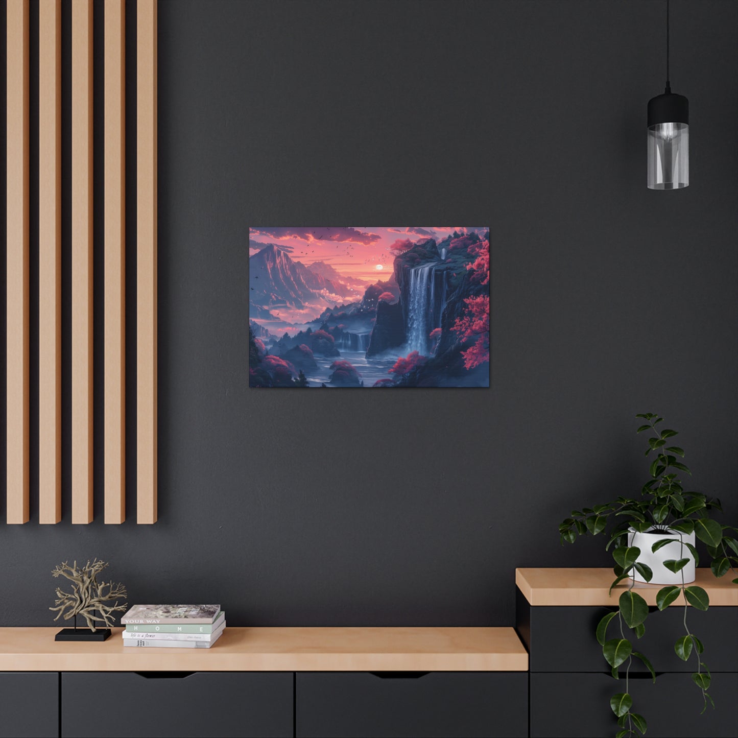 Dreamy Landscape Sunset with Waterfall and Mountains - Digital Illustration Canvas Gallery Wraps