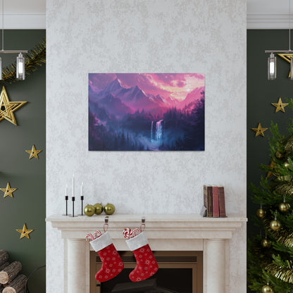 Dreamy Landscape Sunset with Waterfall and Mountains - Digital Illustration Canvas Gallery Wraps