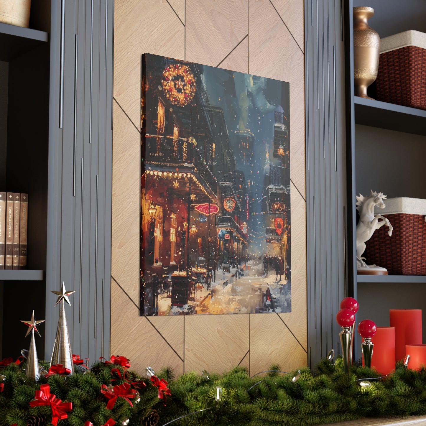 Christmas Time Downtown Street Corner - Rembrandt Style Digital Oil Painting Canvas Gallery Wraps