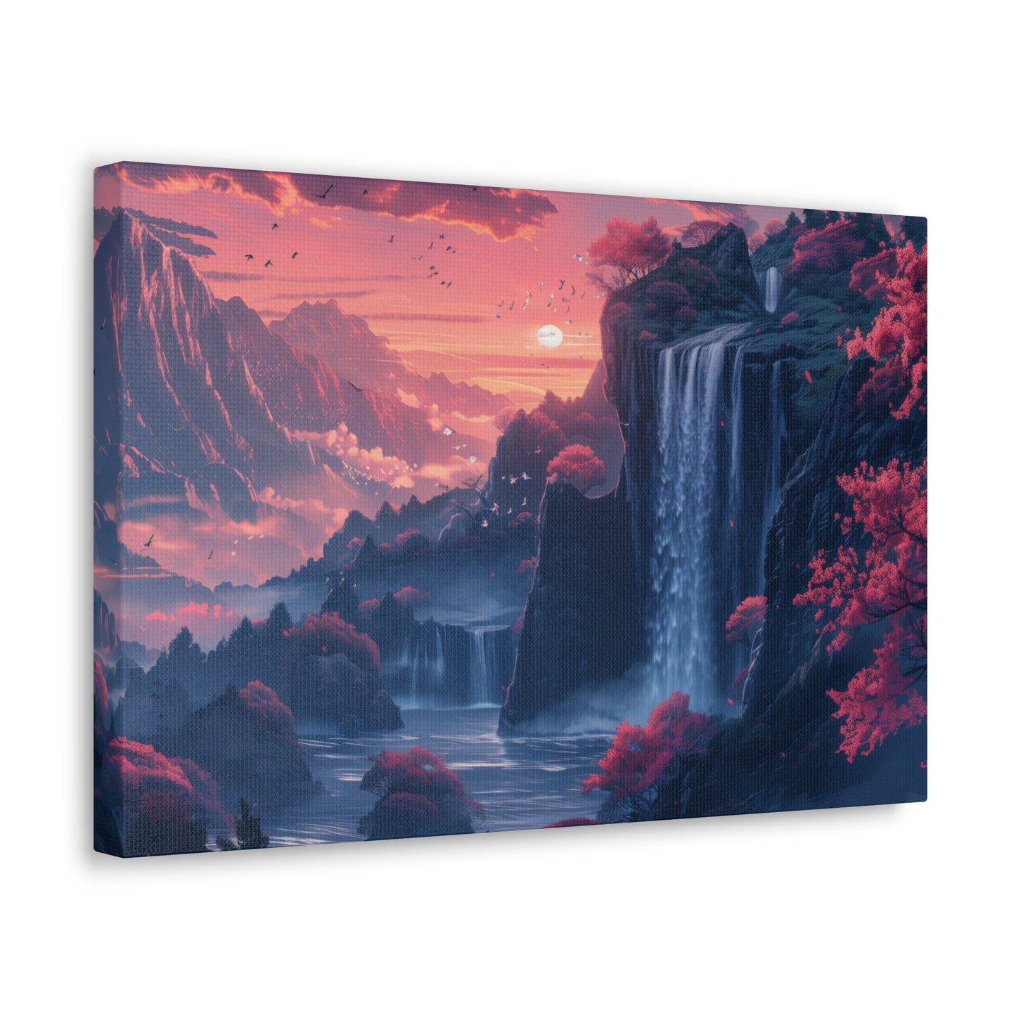 Dreamy Landscape Sunset with Waterfall and Mountains - Digital Illustration Canvas Gallery Wraps