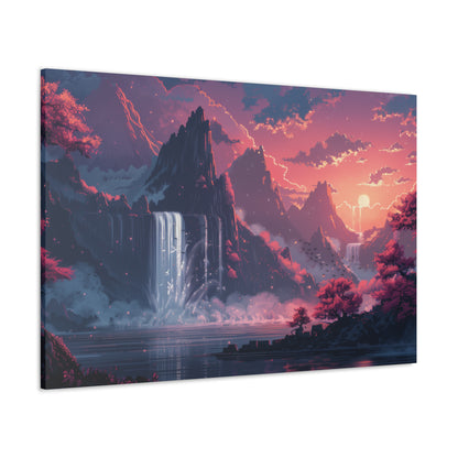 Dreamy Landscape Sunset with Waterfall and Mountains - Digital Illustration Canvas Gallery Wraps