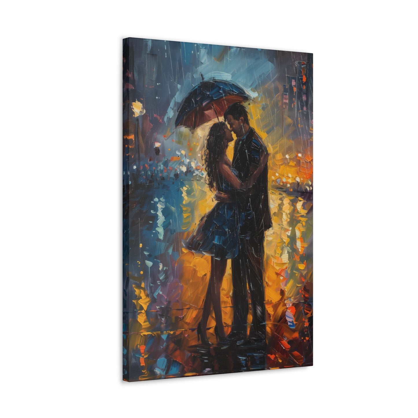 couple in the city streets in a rainy day with umbrella - Leonid Afremov Style Digital Print Canvas Gallery Wraps