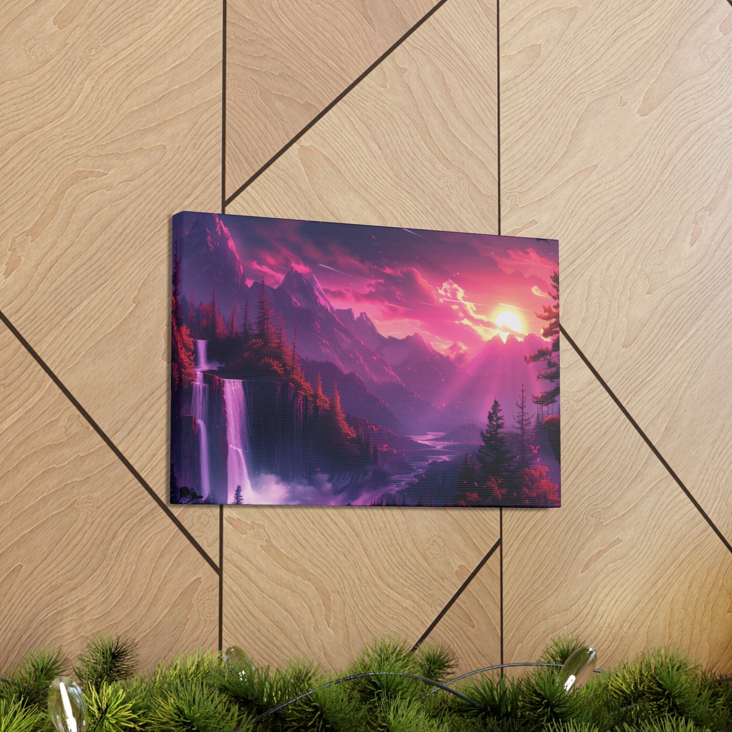 Dreamy Landscape with Waterfall and Mountains - Purple Evening Digital Illustration Canvas Gallery Wraps