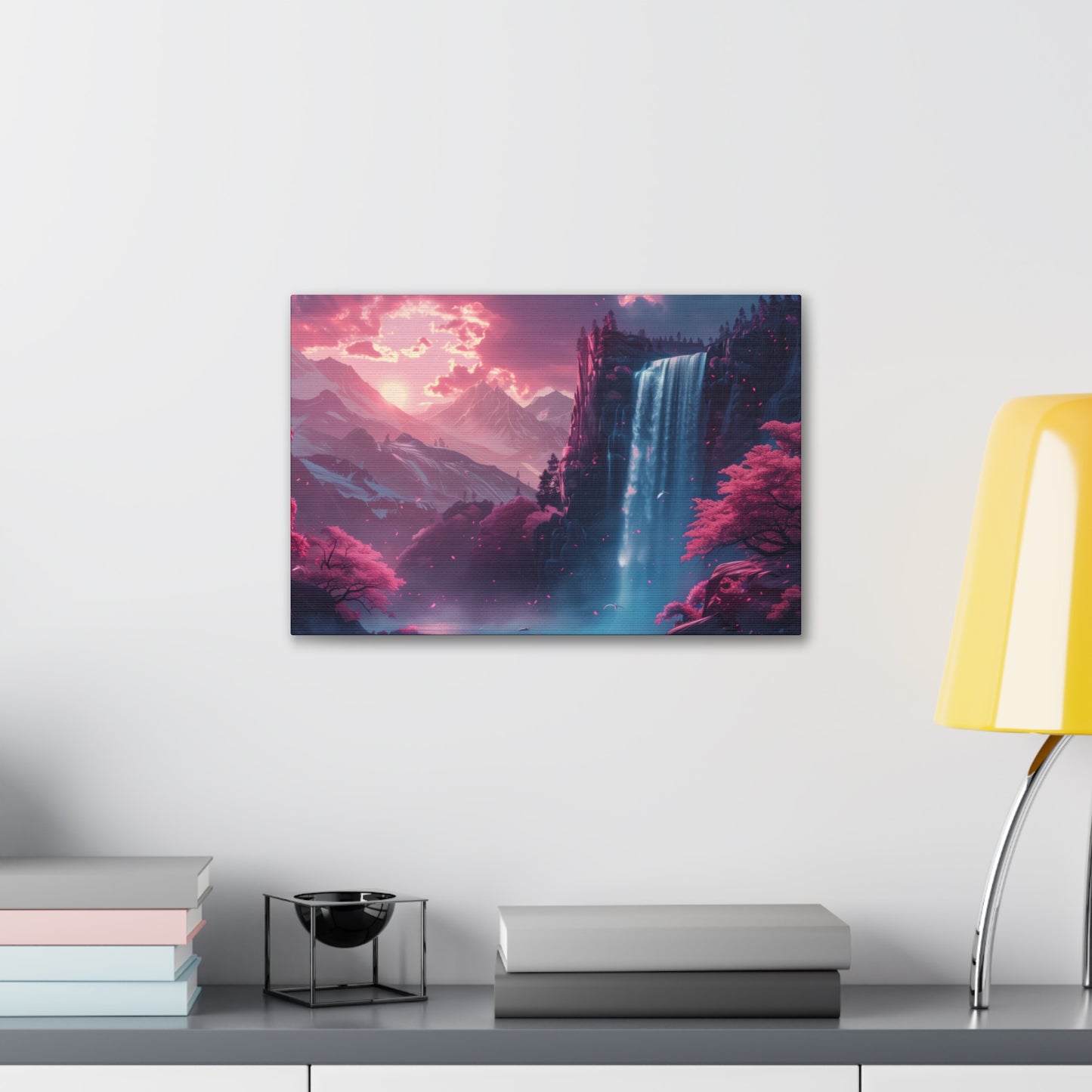 Dreamy Landscape Sunset with Waterfall and Mountains - Digital Illustration Canvas Gallery Wraps