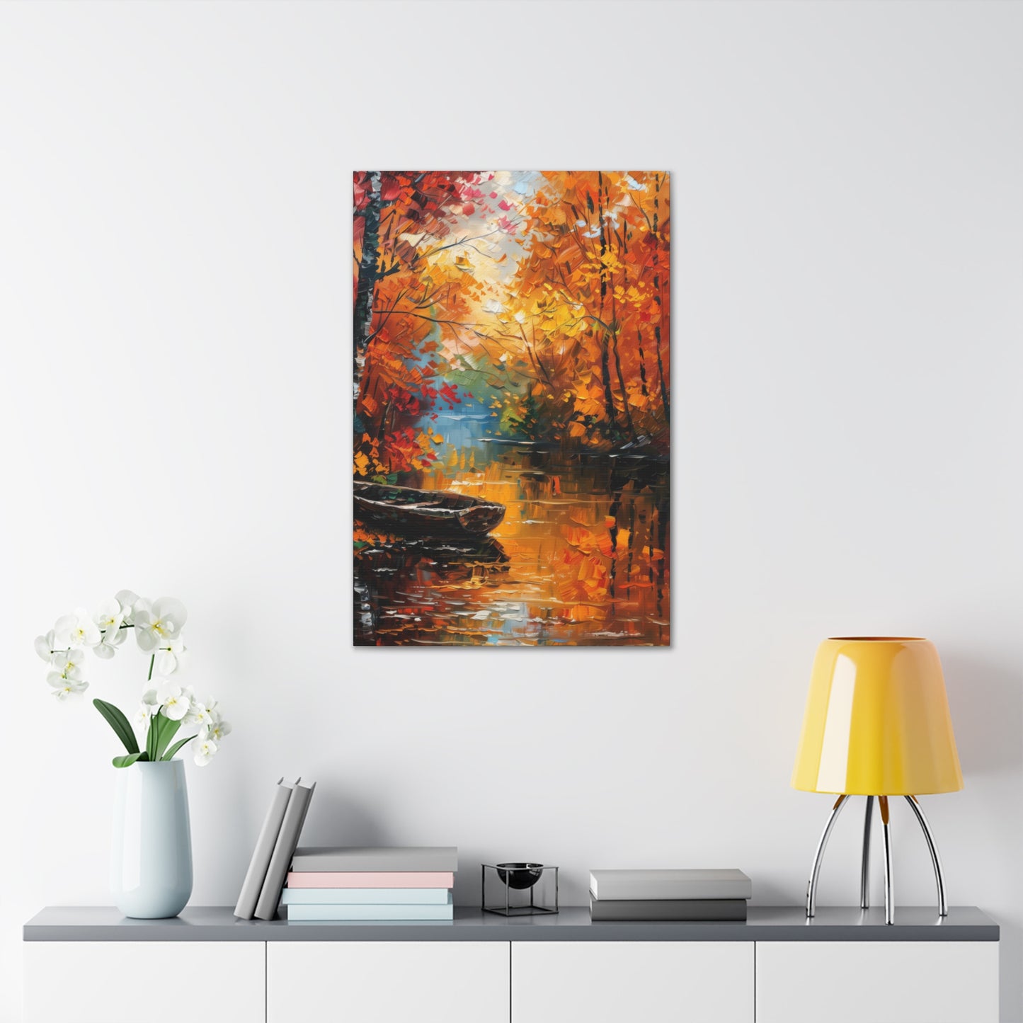 Boat in river side which flows through autumn forest - Leonid Afremov Style Digital Print Canvas Gallery Wraps