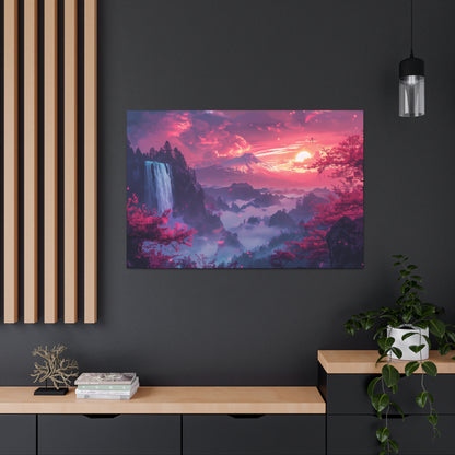 Dreamy Landscape Sunset with Waterfall and Mountains - Digital Illustration Canvas Gallery Wraps