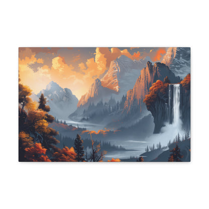 Dreamy Landscape Morning with Waterfall and Mountains - Digital Illustration Canvas Gallery Wraps