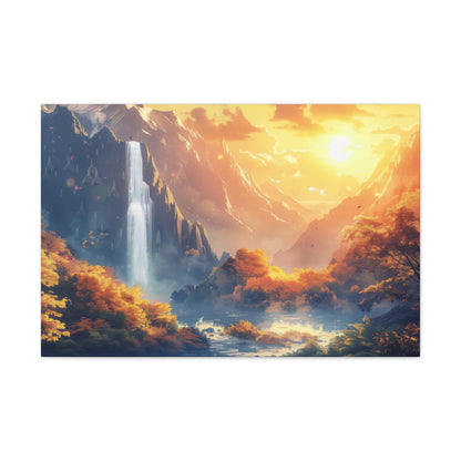 Dreamy Landscape - Waterfall and Mountains in Golden Morning Illustration Canvas Gallery Wraps