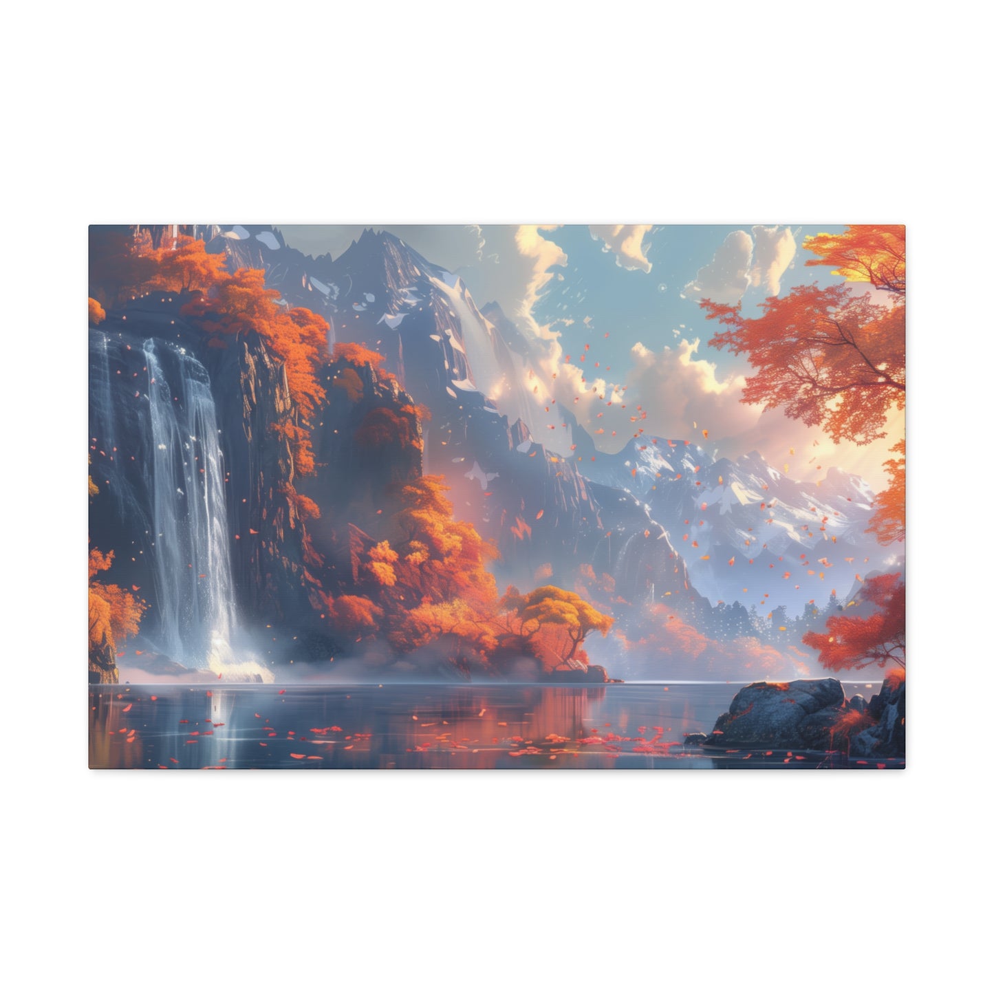 Dreamy Landscape Sunset with Waterfall and Mountains - Digital Illustration Canvas Gallery Wraps