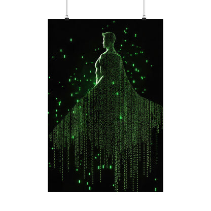 Neon Code Guardian: 3D Glitch Superman Matrix Effect - Digital Illustration Matte Vertical Poster