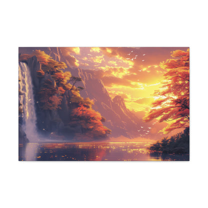 Dreamy Landscape - Waterfall and Mountains in Golden Morning Illustration Canvas Gallery Wraps