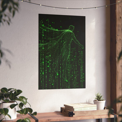 Neon Code Guardian: 3D Glitch Superman Matrix Effect - Digital Illustration Matte Vertical Poster