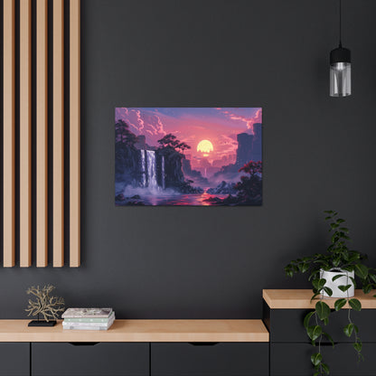 Dreamy Landscape with Waterfall and Mountains - Purple Evening Digital Illustration Canvas Gallery Wraps