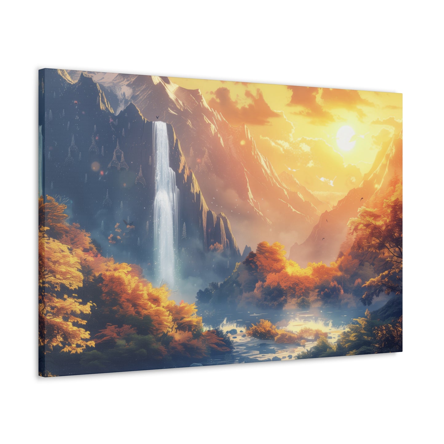 Dreamy Landscape - Waterfall and Mountains in Golden Morning Illustration Canvas Gallery Wraps