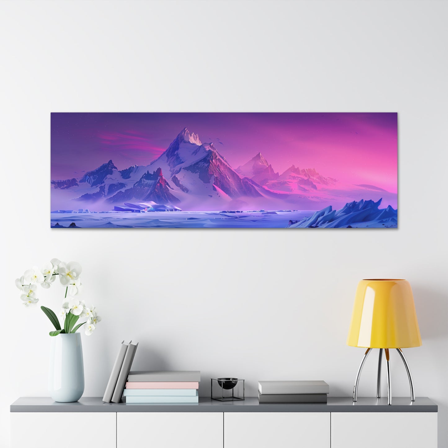 Snowy Mountain Evening in Antarctica - Digital Landscape Illustration Panorama Canvas Gallery Wraps