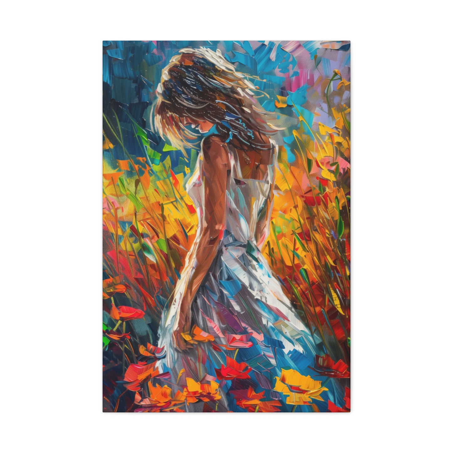 a girl standing in flower field Digital Oil Painting Print Canvas Gallery Wraps