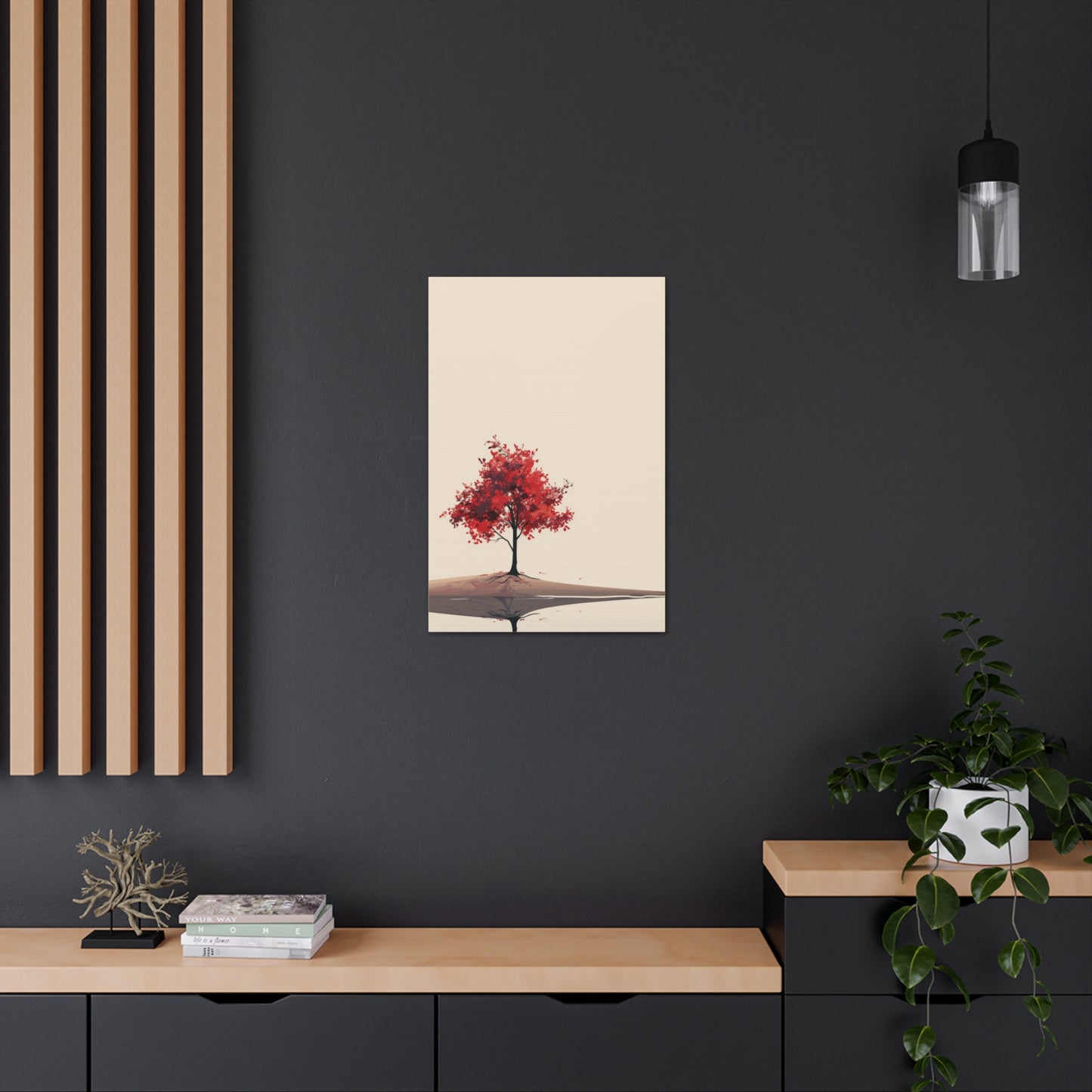 Lone Tree with Red Leaves - Portrait Illustration Canvas Gallery Wraps