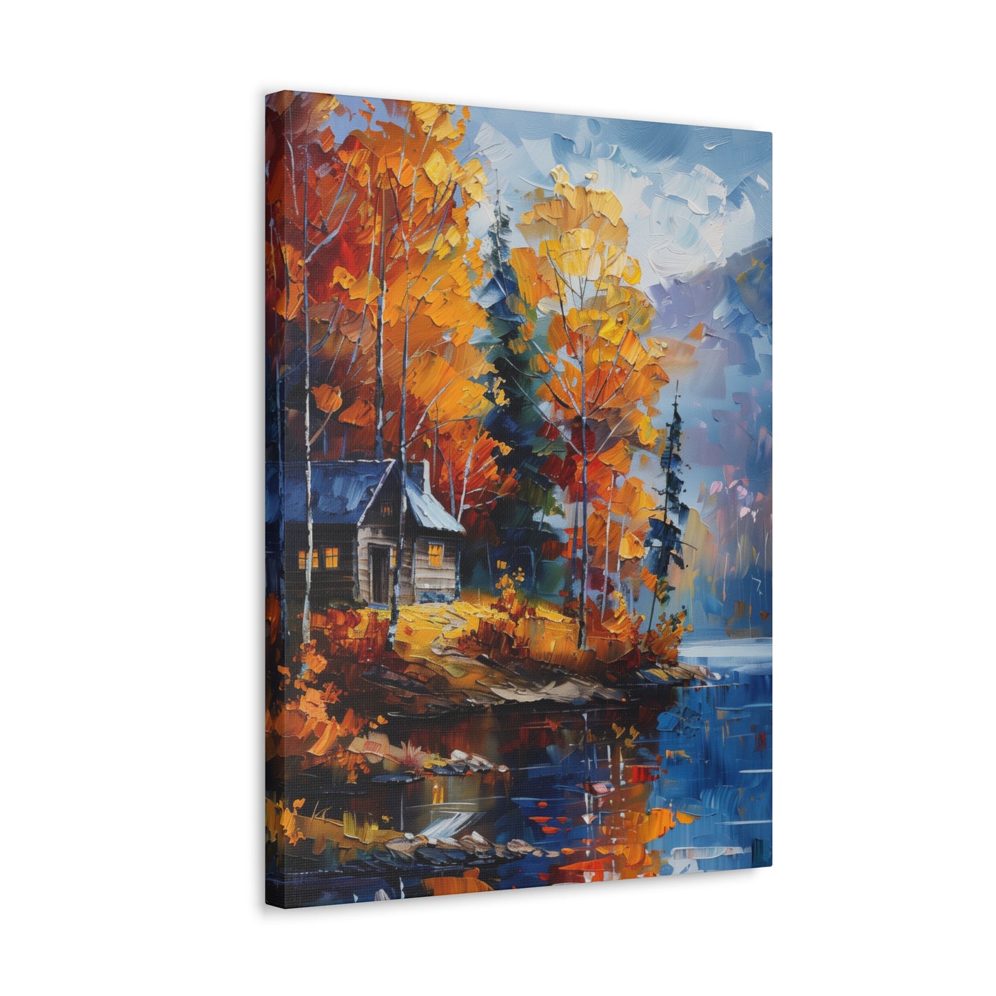 a house near the river which flows through autumn forest - Leonid Afremov Style Digital Print Canvas Gallery Wraps