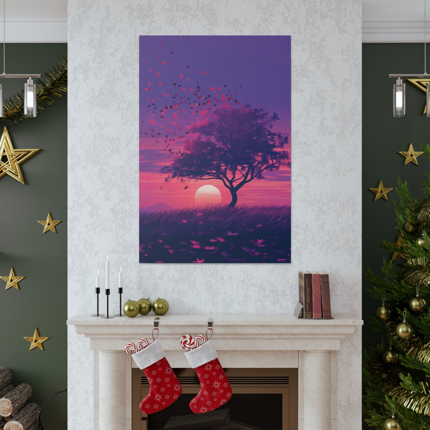 Tree in a Purple Sunset Digital Illustration Canvas Gallery Wraps