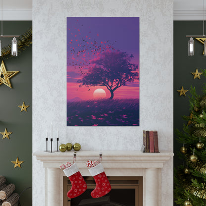 Tree in a Purple Sunset Digital Illustration Canvas Gallery Wraps