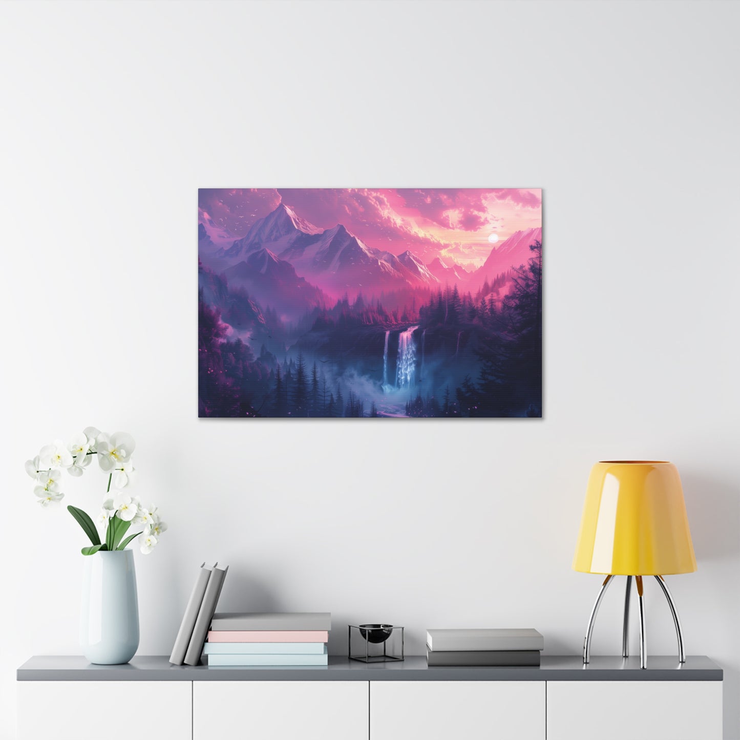 Dreamy Landscape Sunset with Waterfall and Mountains - Digital Illustration Canvas Gallery Wraps