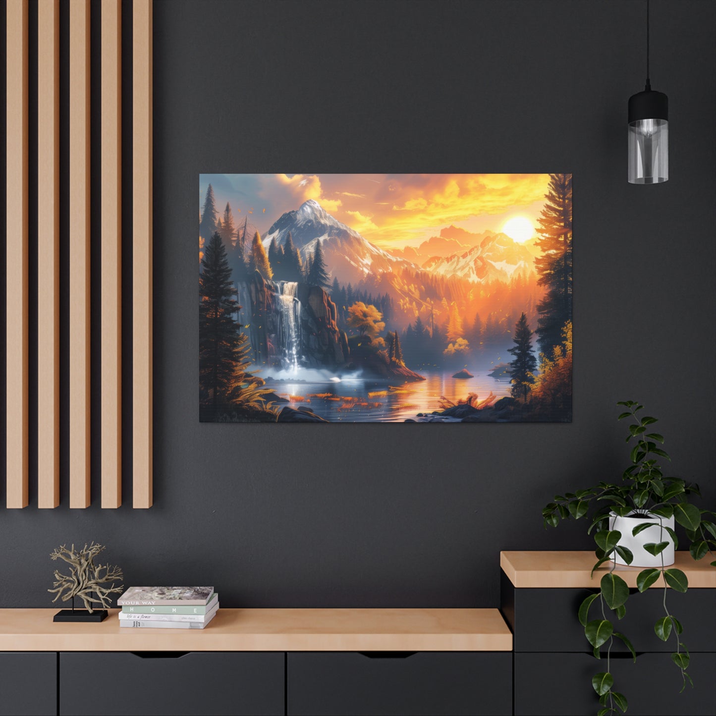 Dreamy Landscape Sunset with Waterfall and Mountains - Digital Illustration Canvas Gallery Wraps