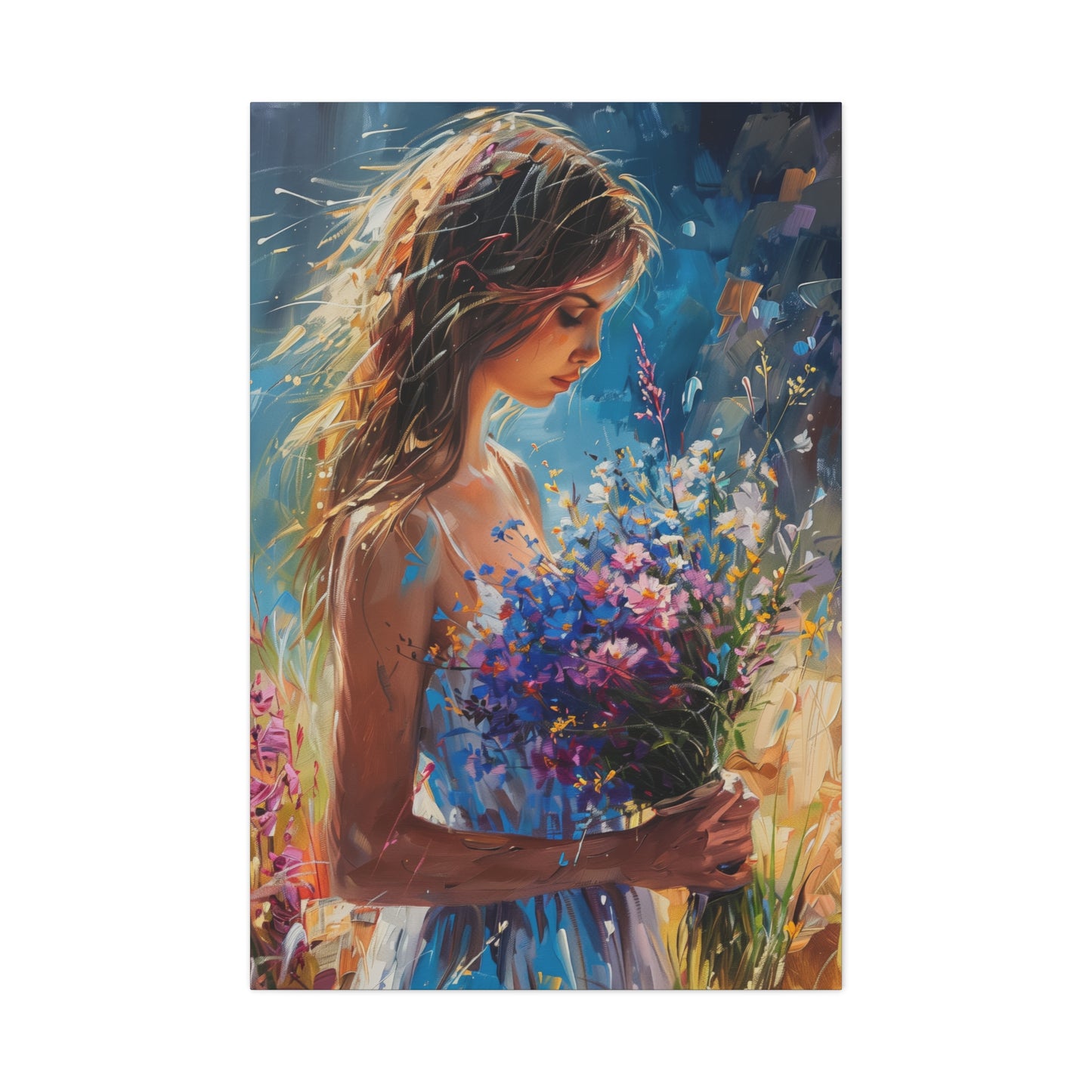 girl holding a flower bouquet - Leonid Afremov Style Digital Print Canvas Gallery Wraps