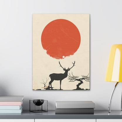 Deer and Sun - Takeshi Kitano Style Digital Illustration Canvas Gallery Wraps