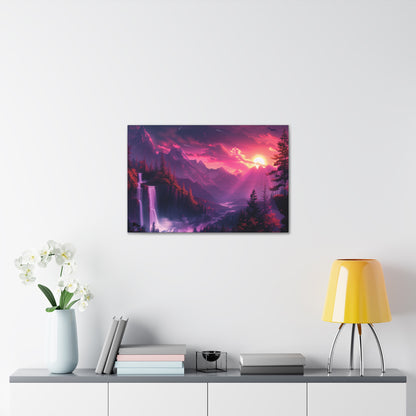 Dreamy Landscape with Waterfall and Mountains - Purple Evening Digital Illustration Canvas Gallery Wraps