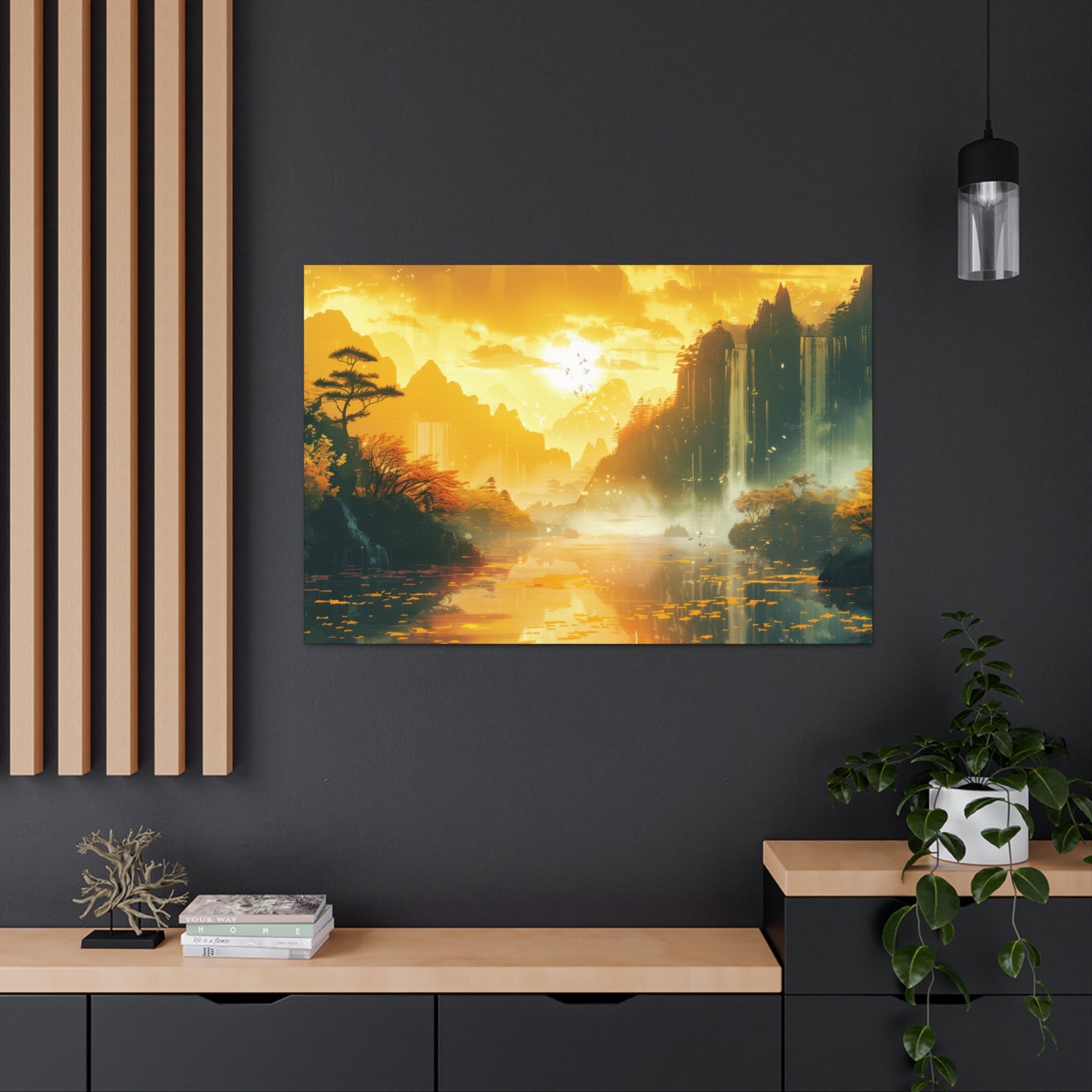 Dreamy Landscape Sunset with Waterfall and Mountains - Digital Illustration Canvas Gallery Wraps