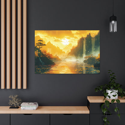 Dreamy Landscape Sunset with Waterfall and Mountains - Digital Illustration Canvas Gallery Wraps