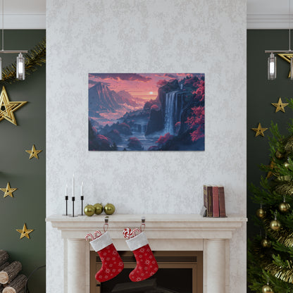 Dreamy Landscape Sunset with Waterfall and Mountains - Digital Illustration Canvas Gallery Wraps