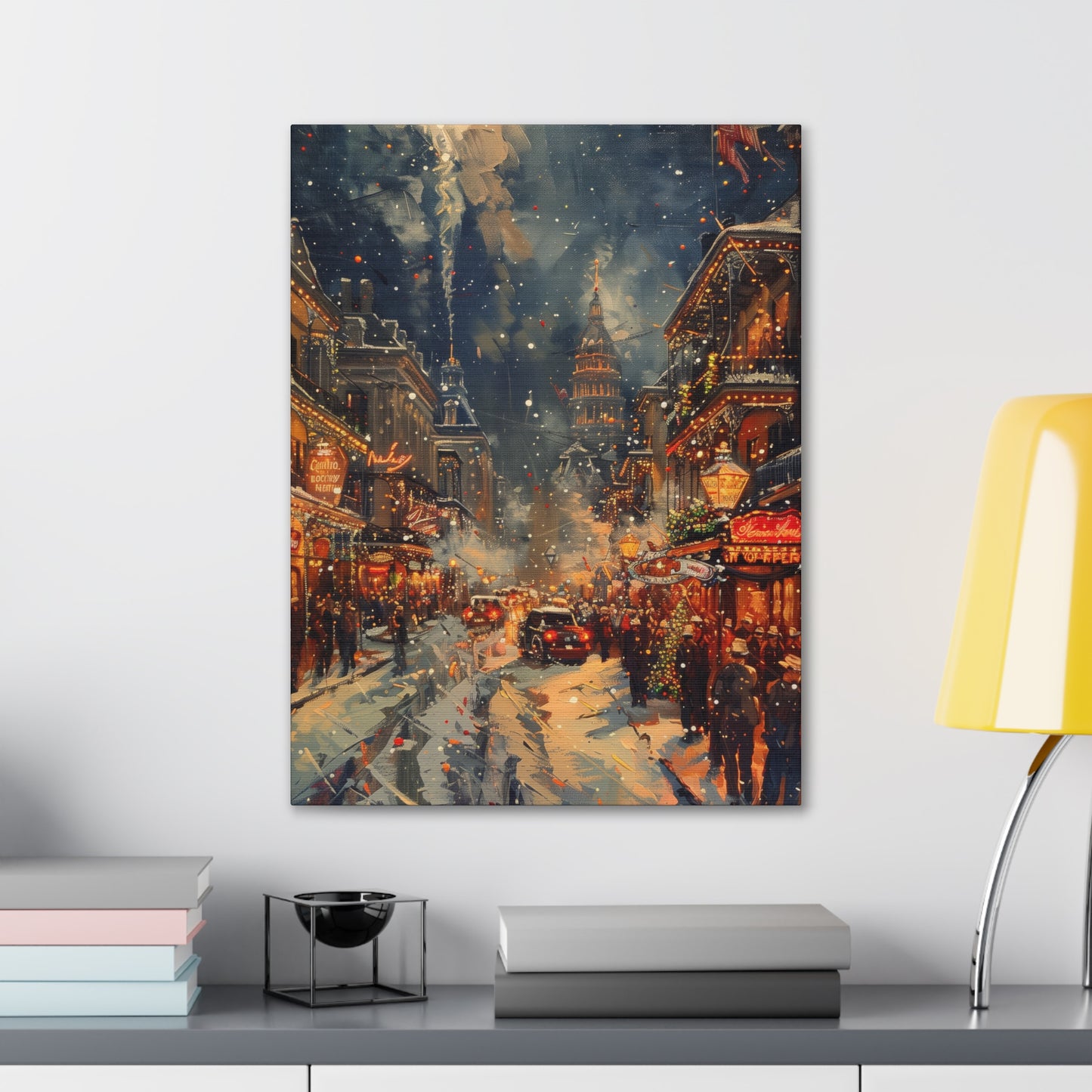 Christmas Street Corner in Downtown - Rembrandt Style Digital Oil Painting Canvas Gallery Wraps