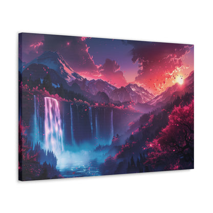 Dreamy Landscape Sunset with Waterfall and Mountains - Digital Illustration Canvas Gallery Wraps