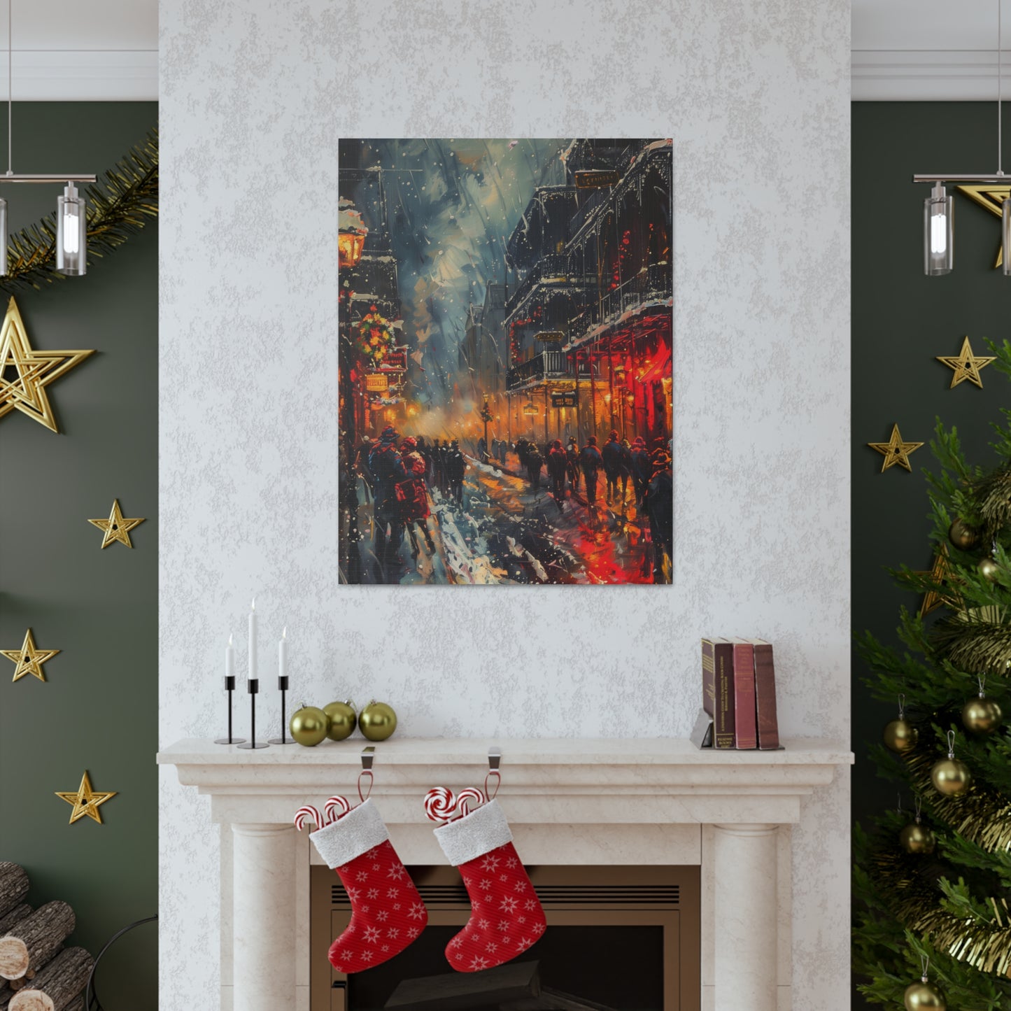 Christmas Street Corner with People in Downtown - Rembrandt Style Digital Oil Painting Canvas Gallery Wraps