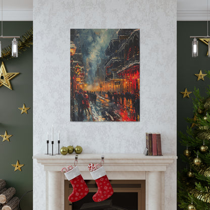 Christmas Street Corner with People in Downtown - Rembrandt Style Digital Oil Painting Canvas Gallery Wraps