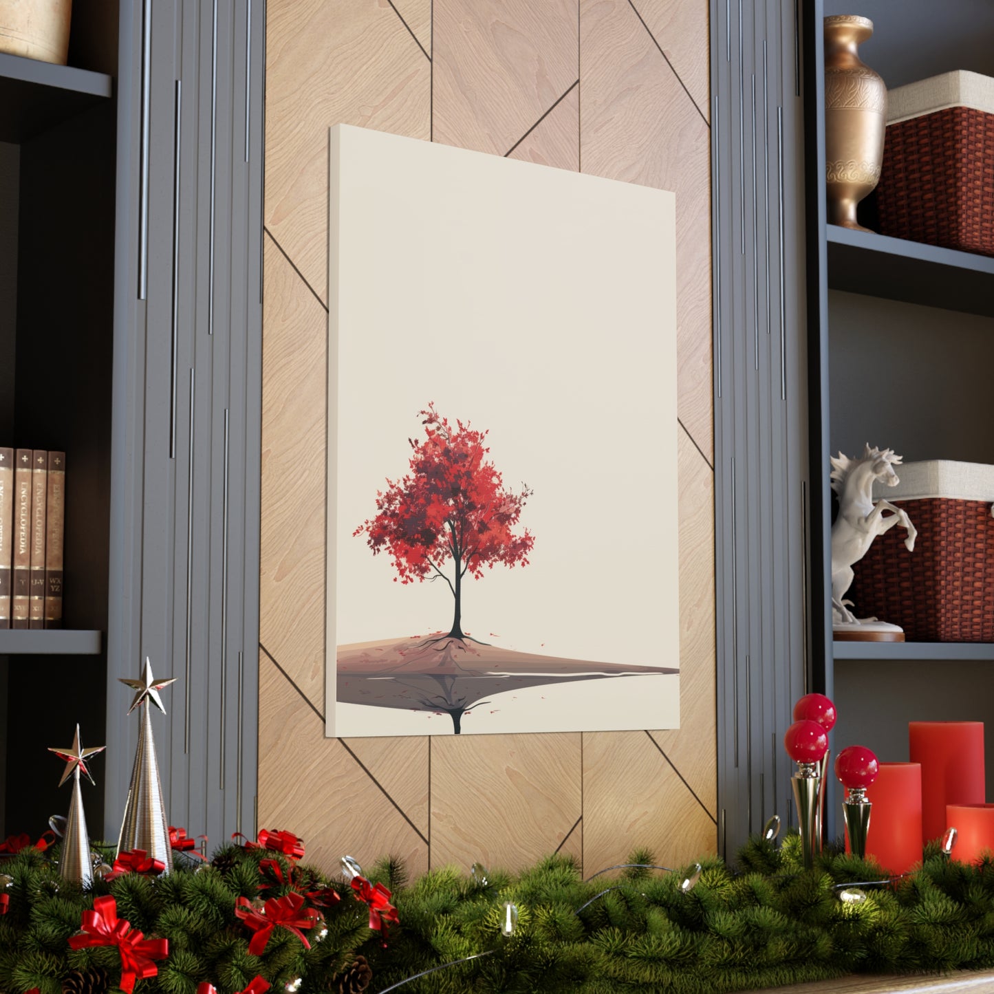 Lone Tree with Red Leaves - Portrait Illustration Canvas Gallery Wraps